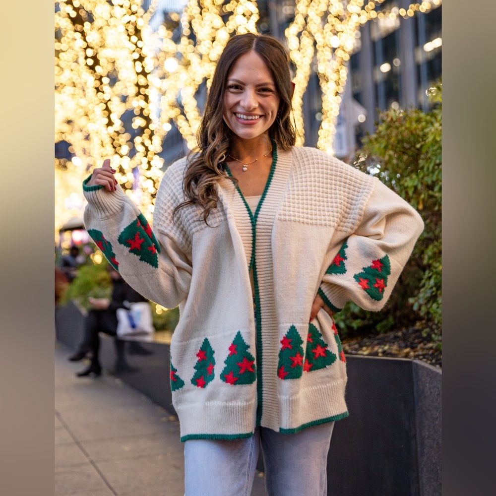 🆕 Ivory Christmas Trees & Red Stars Open Knit Oversized Cardigan